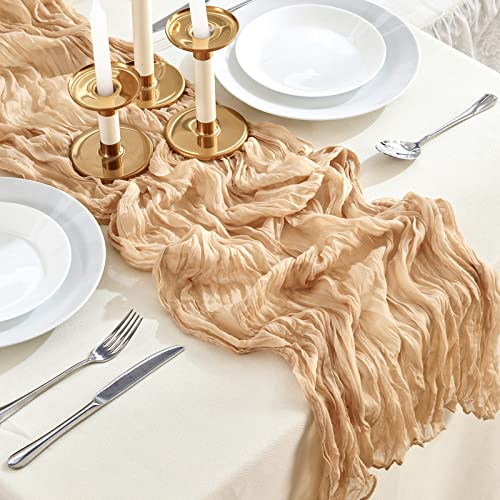 SRIZIAN Beige Käsetuch-Tischläufer, 3 m breit, Gaze-Tischläufer, Boho-Tischläufer für Brautparty, Hochzeit, Geburtstag, Party, Tischdekoration