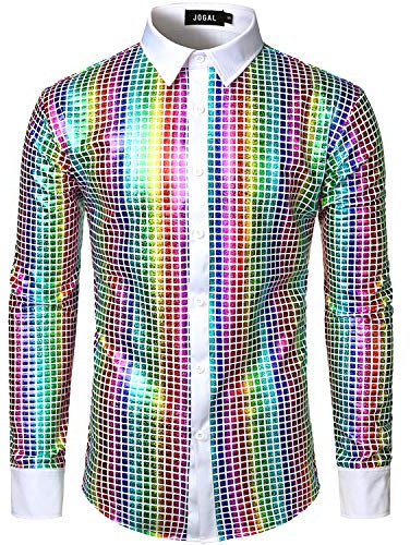 JOGAL Herren Langarm Pailletten Kleid Glitzer Hemd 70er Disco Party Kustüm Weiß Mehrfarbig X-Large