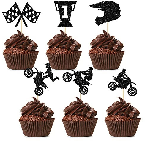 24Pcs Motorcycle Cupcake Toppers Black Glitter Motocross Dirt Bike Sign Cake Decorations Motorcycle Cupcake Picks for Sports Motocross Theme Man Boy Birthday Party Cake Decorations Supplies