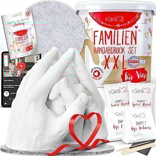 GipsME XXL 3D Handabdruck Set Familie Gipsabdruck für 4 Hände + Sockel Made in Germany - Premium Familien Gipsabdruck-Set - Personalisierte Geschenke - Handabdruckset + Video
