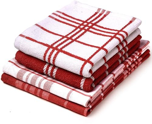 Encasa Frottee-Küchentuch-Set – 70x45 cm – saugfähiges Mehrzweck-Reinigungstuch, wiederverwendbares Handtuch und Geschirrtuch (4er-Pack – Rot ohne Frottee+Frottee)