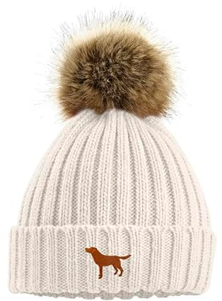 The House Of Dog Fox Red Labrador Retriever Besitzer Geschenk Kunstpelz Pom Pom Grobstrick Super Soft Unisex Bestickte Beanie Mütze, hellbeige, Einheitsgröße