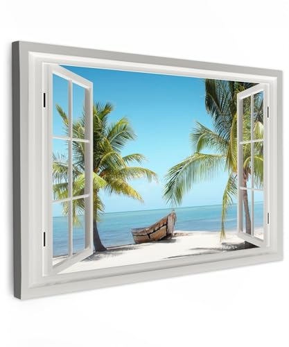 MuchoWow© Wandbilder Groß 120x80 cm XXL Schlafzimmer Home Deko Wohnung Bild Wohnzimmer Fotoleinwand Wand Bilder Leinwand Wall Decor Fensterblick - Strand - Palme - Boot - Tropisch - Meer - Blau