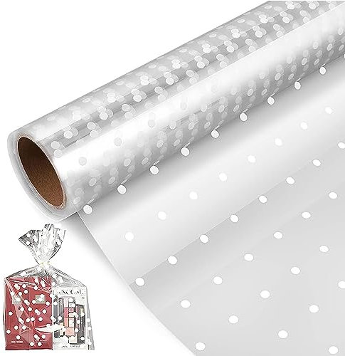 Rouleau de cellophane transparent 40 cm x 30 m 2,5 mil Papier cadeau pour fleur, emballage cadeau (motif à pois)