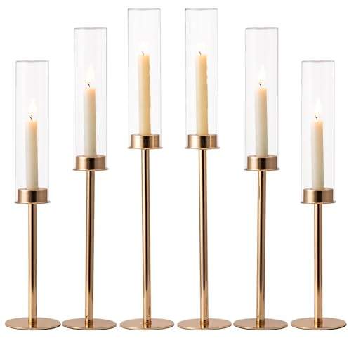 Hewory Gold Kerzenständer Stabkerzen Kerzenhalter: 6er Set Stabkerzenhalter Glas für Deko Wohnzimmer Tischdeko Weihnachten Kerzenhalter Stabkerze für Kerzen Glaszylinder ohne Boden