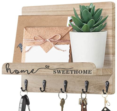 AOAOPQ Key Rack Holder for Wall - Rustic Home Sweet Home Key Hooks With Mail Shelf for Bedroom Bathroom - Wood