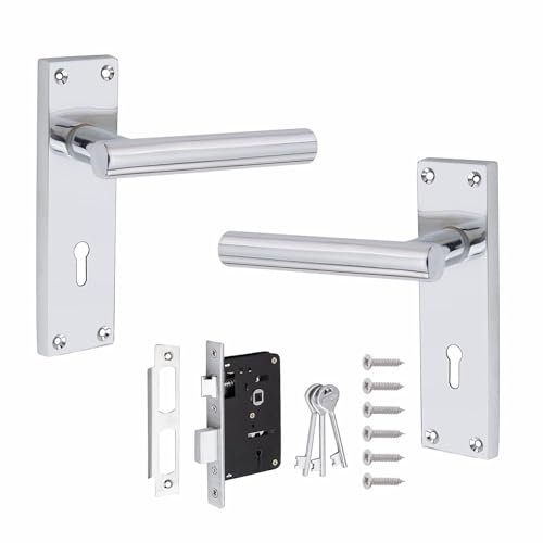 Golden Grace Victorian Straight T-Bar Door Handles Lever Lock in Silver Polished Chrome Finish with 64mm 3 Lever Lock Set - 150mm x 40mm Backplate