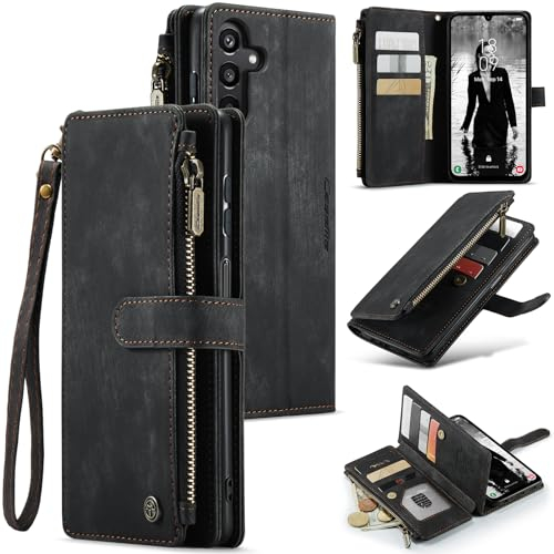 UEEBAI Étui Portefeuille pour Samsung Galaxy A15 4G/5G, Fait à la Main en Cuir PU avec Emplacements pour Cartes Fermeture Magnétique avec Hand Strap Poche à Fermeture éclair et Béquille - Noir