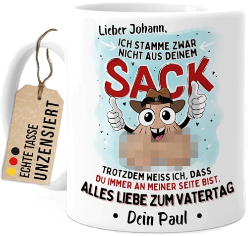 Tassenliebling® Stiefpapa Tasse personalisiert lustig - Ich stamme nicht aus deinem Sack - Mit Namen - Vatertagsgeschenk - Geschenk für Stiefvater Bonus Papa - Keramik 330ml
