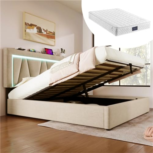 buiesjole Polsterbett Mit USB Typ C Ladefunktion LED Doppelbett King Size Bettgestell Aus Leinenmaterial Stauraumbett Bettkasten Jugendbett Für Erwachsene Gästebett Beige 160x200 cm Mit Matratze