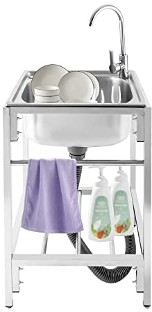 Stainless Steel Single Basin Sink, Commercial Freestanding Kitchen Sink Single Bowl, Multipurpose Sink with Stand, Use for Cleaning Food, Fruits and Vegetables, Kitchens, Restaurants, Garages ect