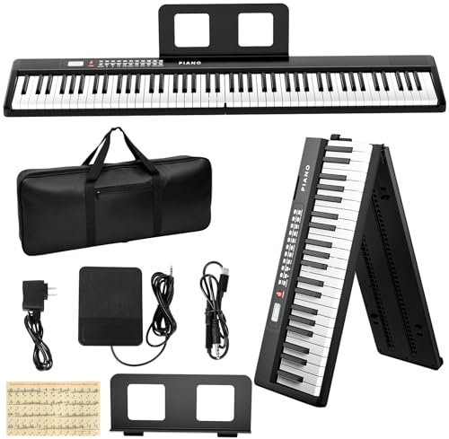 Buinblu Electronic Piano Keyboard Full Size Folding Digital Piano 88 Keys with Power Adapter Pedal Music Stand Sticker Bag for Beginners Black