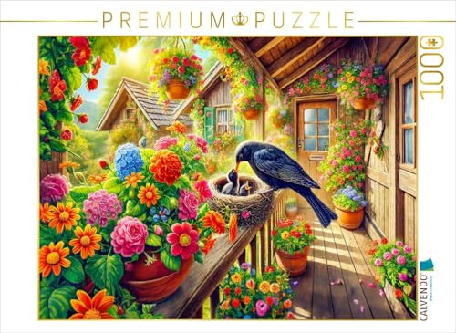 CALVENDO Puzzle Amsel füttert ihre Jungen im Nest auf der Veranda | 1000 Teile Lege-Größe 64 x 48 cm Foto-Puzzle für glückliche Stunden