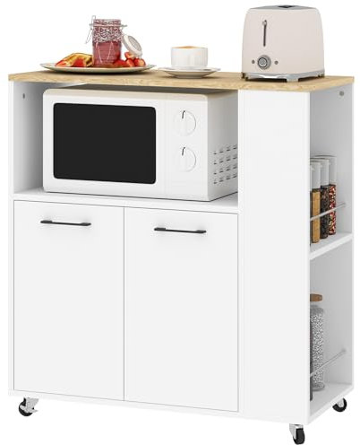 HOMCOM Carrello Cucina con Ripiano Aperto, Armadietto a 2 Ante e Scaffale Laterale a 2 Livelli, Carrello Multiuso con Ripiano Regolabile in Legno, 75x40x80.5 cm, Color Bianco e Rovere