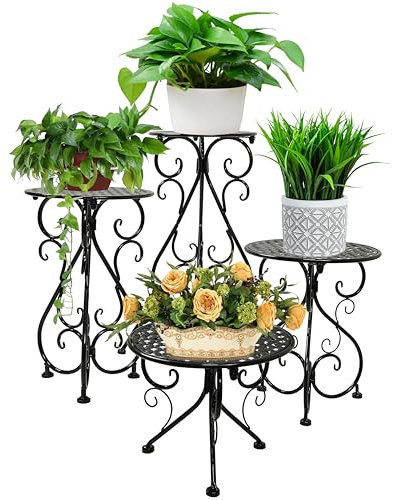 NAKUPE 4-Pack Metal Plant Stand for Indoor Outdoor, Heavy Duty Flower Pot Stands for Multiple Plants, Rustproof Iron Planter Holder Display Shelf for Patio Home Garden Porch Balcony(Black)