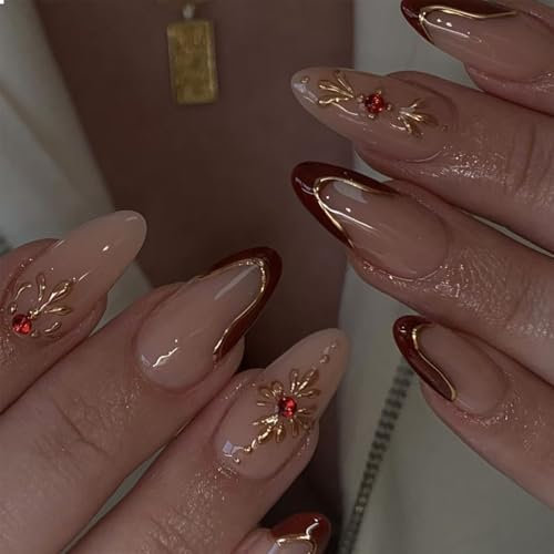 GlamRays Chiodi finti, in pizzo rosso francese, per unghie finte, con bordo in oro cromato 3D, design con strass, per unghie finte, in stile retrò, 24 pezzi