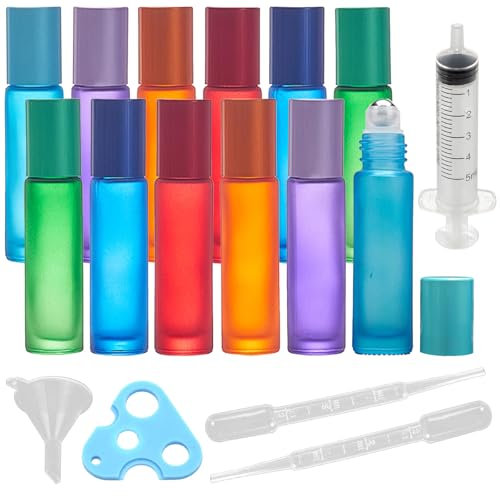 GESDYO 12 Stück Roll on Glasflaschen für ätherisches öl, 10ml Leer Roller Flaschen mit Öffner, Trichter und Tropfer,Bunt Roll on Flasche Leer,für ätherische Öle, Parfüms, Aromatherap Gemische, Massage