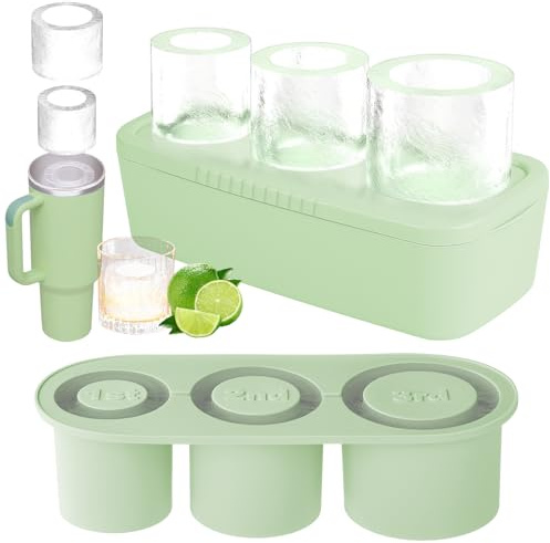 HOTUT Ice Cube Tray for Stanley Cups,Large Silicone Ice Cube Tray with Lid for Freeze,Cylinder Ice Maker for 20-40 oz Tumbler,Easy to Remove Ice Cube Tray for Freezer Cold Drink Juice Coffee (Green)
