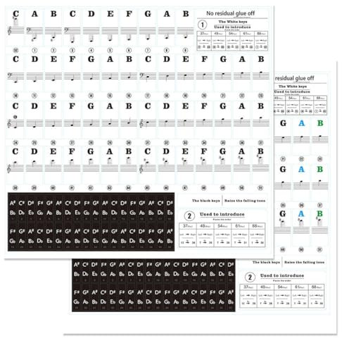 IKOPFLN Zwei AufkleberSets Bunte abnehmbare Piano Keyboard Note Etiketten mit Klavier Akkord Chart Poster Silikon Piano Noten Aufkleber Guide für Anfänger wiederverwendbar 88 Key Full Size Piano