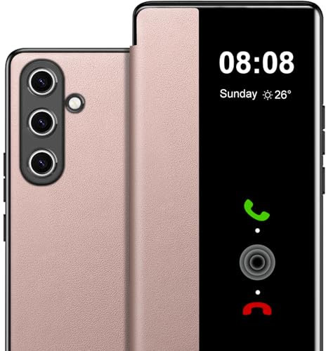 Étui à rabat pour Samsung Galaxy A56 - Avec fenêtre transparente - En cuir synthétique rigide - Anti-rayures - Pour smartphone Samsung Galaxy A56 5G - Rose