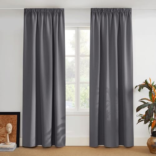 PONY DANCE Kräuselband Gardinen Grau Blickdicht 2er Set H280 x B140 cm | Extra Lange, Verdunklungsgardine für Schienen, Thermovorhang Kälteschutz, für Wohnzimmer, Schlafzimmer, UV-schutz