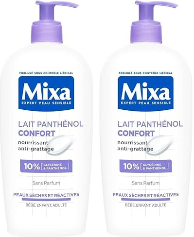 Mixa Expert Peau Sensible - Lait Panthénol Confort - Anti-Démangeaisons - Peaux Sèches et Réactives - Bébé, Enfant, Adulte Hypoallergénique - Sans Parfum - 250ml (Lot de 2)