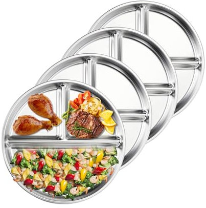 Goiern 4 pièces Assiettes en Acier Inoxydable pour Enfants, 23 cm Assiettes portionnées pour Adultes bariatriques avec Compartiments Table déjeuner pour Tout-Petits, Plateau Repas de Camping