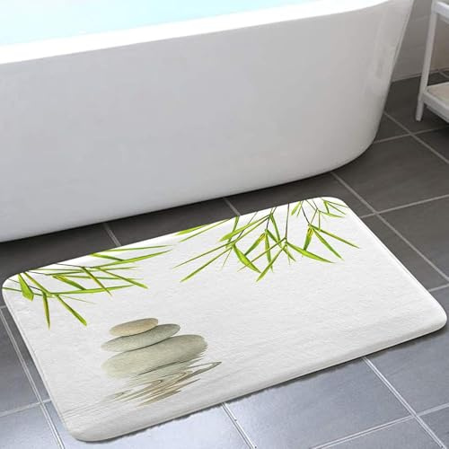 YongXinMY Tapis de bain spa zen en flanelle - Motif feuille de bambou et pierre verte - Tapis doux et antidérapant - Œuvre d'art tranquille pour salle de bain, douche, méditation (pavés, 40 x 60 cm)
