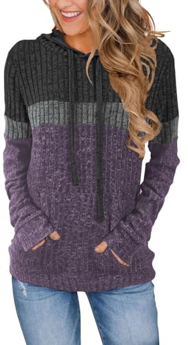Cuptacc Hoodie Damen Farbblock Casual Locker Pullover Elegant Herbst | mit Taschen,Rippstrick,Kapuze mit Kordelzug,Mehrfarbig,weicher,Bequem,Alltag,Lässig,Mode,Festlicher