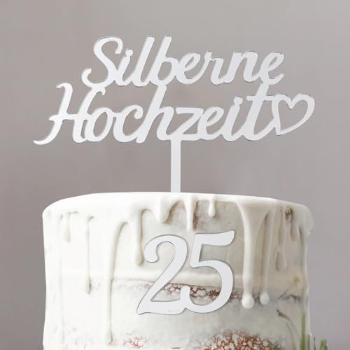 MEJOSER 2 Stk. Tortendeko Silberhochzeit Deko Cake Topper + Zahl 25 Silberne Hochzeit Torten Topper Kuchendeko für 25 Hochzeitstag Silberhochzeit Geschenk Jahrestag Frauen Männer