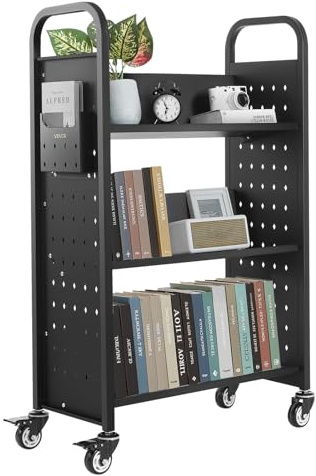 VEVOR Carro para Libros de 3 Niveles Estantería de Libros con Ruedas 77 x 38 x 122 cm Estante de Almacenamiento en Forma de V Carro Rodante para Biblioteca, Librería, Oficina, Escuela, Negro