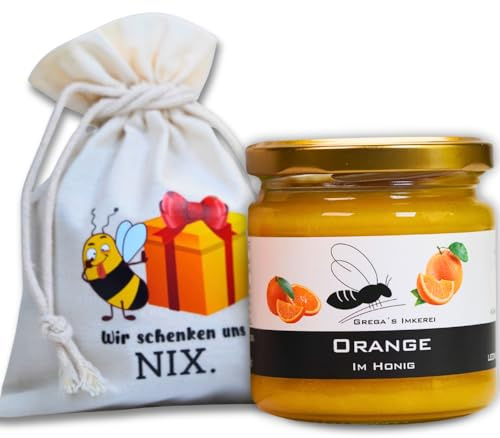 Grega's Imkerei - Honig Geschenkset im Säckchen – Wir schenken uns NIX mit Sorte deiner Wahl Perfekt als Mitbringsel, Abschiedsgeschenk oder Dankschön Geschenk (250 g, Orange im Honig)
