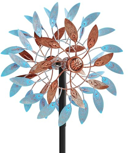 Metall Windrad Garten Dekoration mit Federblättern in Retro-Farben - Elegante Windspiele für Garten, Rasen und Terrasse, Windskulptur Spinner mit Metallpfahl (Blau+Braun)