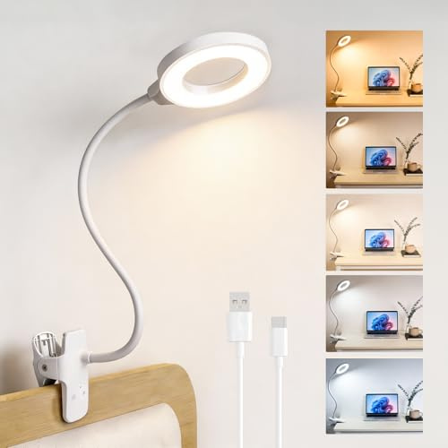 Clip On Reading Light, 5 Color Modes 5 Brightness Touch Control, 360°Flexible Clamp Desk Light for reading studying working, Type C Rechargeable Bed Reading Lamp for Books, Bedside Table (White)