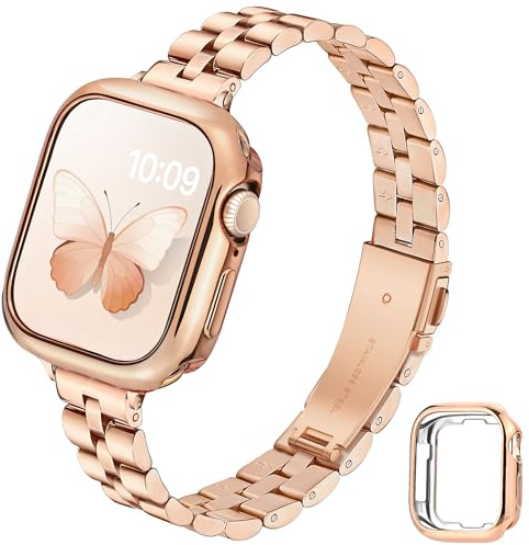 G-ficu Thin Metal Straps with Case for Apple Watch Straps Women 44mm 45mm 42mm 40mm 41mm 38mm, Slim Stainless Steel iWatch Strap with Protective Cover for Apple Watch Strap Series 9 8 7 6 5 4 3 2 SE 3