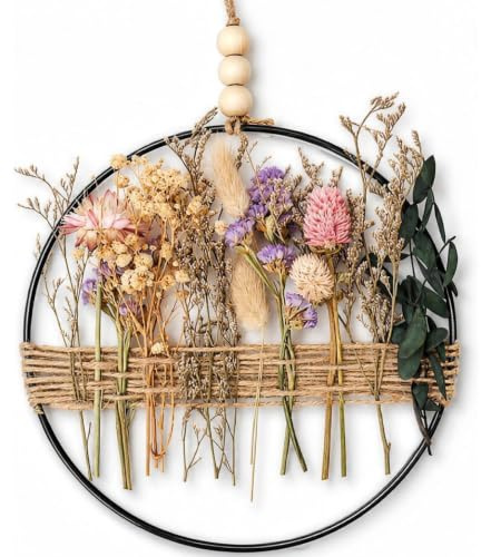 Türkranz Trockenblumenkranz, Holz Türkranz Personalisiert, 26 cm Dekorativer Kranz Herzlich, Boho Wanddeko zum Aufhängen für Wand Fenster Haustür Deko