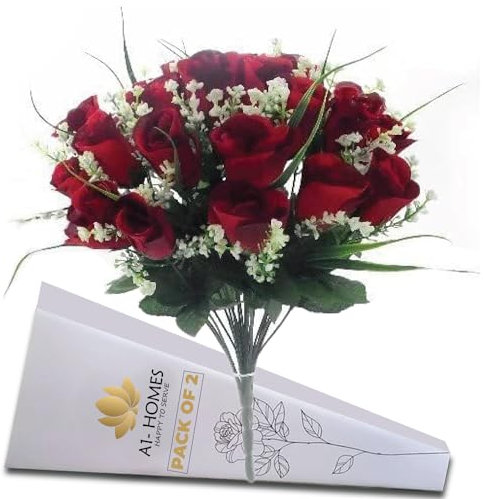 Artificial Roses, 42cm Fake Flowers for Decoration, Grass Bush with Gyp & Foliage 24 Red Roses Heads, Red Artificial Flowers for Outdoor & Indoor Events Wedding Party Home Decoration (2 Bunches)