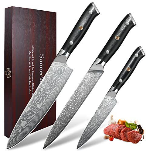 Sunnecko Juego de Cuchillos de Cocina Profesional Cuchillo Cocina de 20 cm, Cuchillo de Carnicero de 20 cm, un Cuchillo Multifuncional de 12,7 cm, Acero de Damasco Gyuto Cuchillo Chef -Serie clásica
