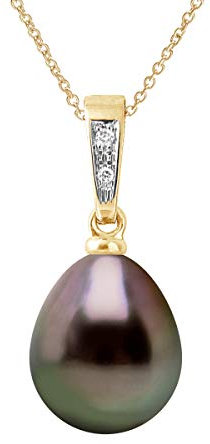 PEARLS & COLORS - Pendentif Diamant 0.010 Cts - Véritable Perle de Culture de Tahiti Poire 10-11 mm - Qualité A+ - Disponible Or Jaune et Or Blanc - Chaîne Offerte - Bijou Femme