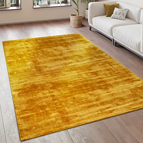 Paco Home Teppich Wohnzimmer Vintage Kurzflor Handgefertigt Hochwertig 100% Viskose, Grösse:200x300 cm, Farbe:Gelb