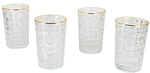 G Decor Set of 4 Dante Vintage Textured Highball Glasses Elegant Drinkware with Gold Rim 375 ml