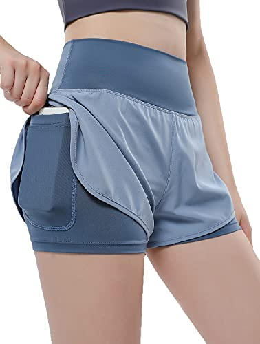 VIGVAN 2 in 1 Laufhose Damen Sport Shorts Sommer Kurze Hose Schnelltrocknend Fitness Yoga Shorts Gym Jogging Training Sporthose für Damen mit Taschen (BU, L)