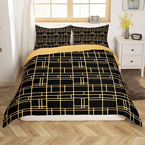 Grid Duvet Cover Set Double Sided Reversible Bedding Set Brushed Microfibre Black & Gold Lattice Comforter Cover for Boys Girls Adults Luxury Ultra Soft Microfibre (Black, Double Size) 3 Pcs