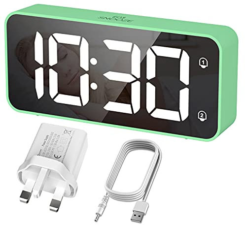 HERMIC Digital Alarm Clock Bedside Mains Powered Large Digital Led Display, Full-Range Brightness Dimmer, Adjustable Alarm Volume, Snooze, Dual Alarm, 12/24H, USB Charging Port, Easy to Use Green-1
