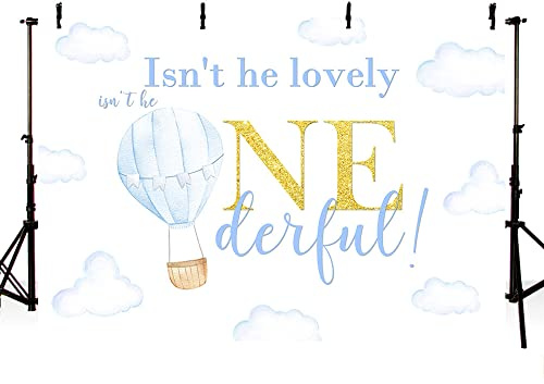 MEHOFOND 7x5ft Boy 1st Birthday Backgdrop for Blue Sky Cloud Photography Background Isn't He Lovely Onederful Hot Air Balloon Party Decoration Cake Smash Table Banner Photo Studio Props