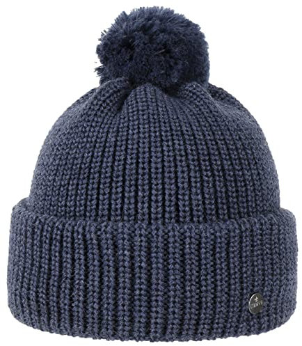 LIERYS Navigat Pudelmütze Damen Herren Strickmütze Made in Germany Bommelmütze aus Schurwolle Wollmütze mit Umschlag Herbst Winter Denim One Size