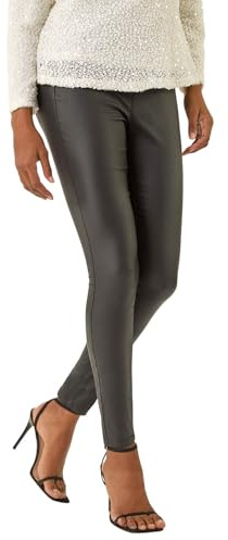 Roman Faux Leather Trousers for Women UK Ladies Mat Legging Jegging Pants High Waisted Pull On Waterproof Wet Latex Imitation Coated Stretchy Jeans Tight Slimming PU - Onyx Black - Size 12