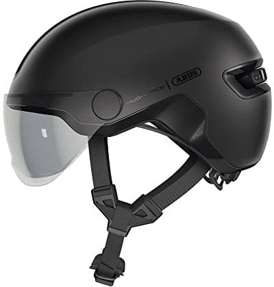 ABUS Stadthelm HUD-Y ACE - stylischer Fahrradhelm mit Visier und magnetischem, aufladbarem LED-Rücklicht - für Damen und Herren - Schwarz, Größe S