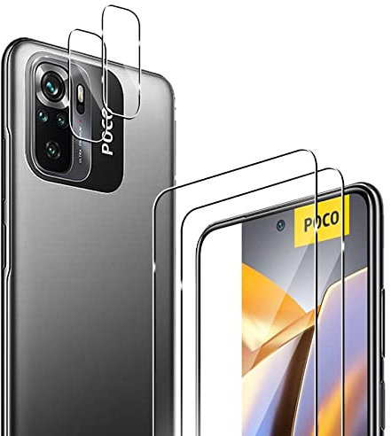GEEMEE para Xiaomi Poco M5S Protector de Pantalla + Protector de Lente de cámara,【2 Pack + 2 Pack 】 Cristal Templado Película Vidrio Templado 9H Alta Definicion Glass Screen Protector