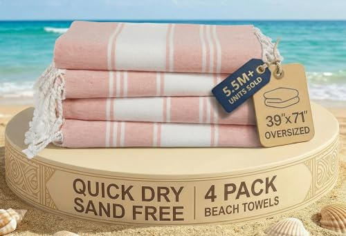 LANE LINEN Oversized Turkish Beach Towels – 4 Pack, 39x71 Cotton Rich & Quick Dry Pool Towels, Pre-Washed, Sand-Free & Absorbent Travel Towels for Adults, Quartz Pink